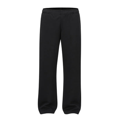 Men's straight-leg grey cotton casual trousers with an elasticated waistband laid flat.