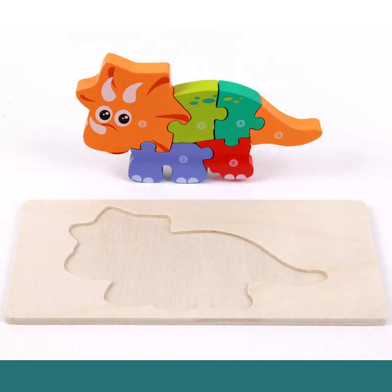 Wooden dinosaur 3D puzzle set for kids, including six different dinosaur models