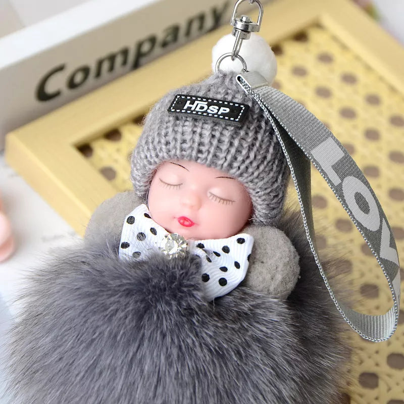 Hand-woven fox fur sleeping doll keychain pendant with optional bow