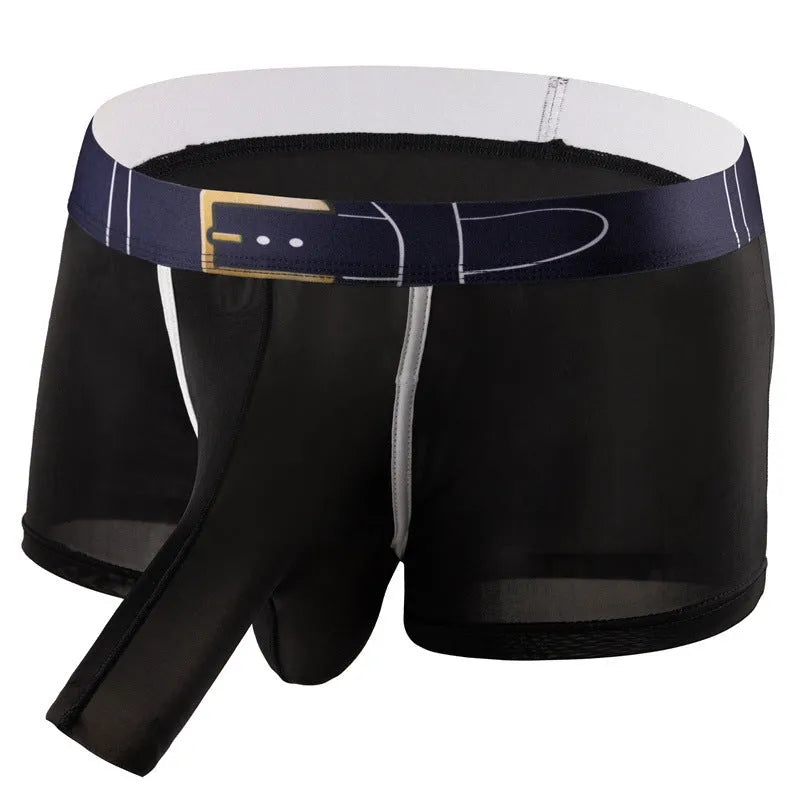 A pair of men's solid colour ice silk boxers on a mid waist model.