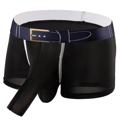 A pair of men's solid colour ice silk boxers on a mid waist model.