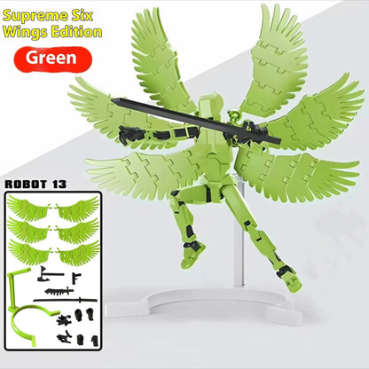 Highly posable 3D printed robot mannequin toy with interchangeable accessories, including wings and weapons