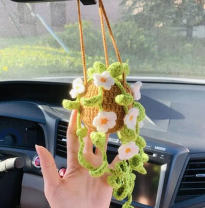 Green and white knitting wool car plant decoration with 8cm base and 25cm hanging rope