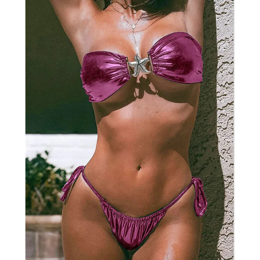 Women's tube top split bikini in sapphire blue with glossy fabric and backless design for swimming