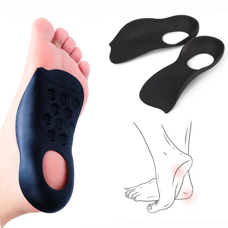 Pair of TPR varus correction arch support insoles in black, white, and skin colour options.