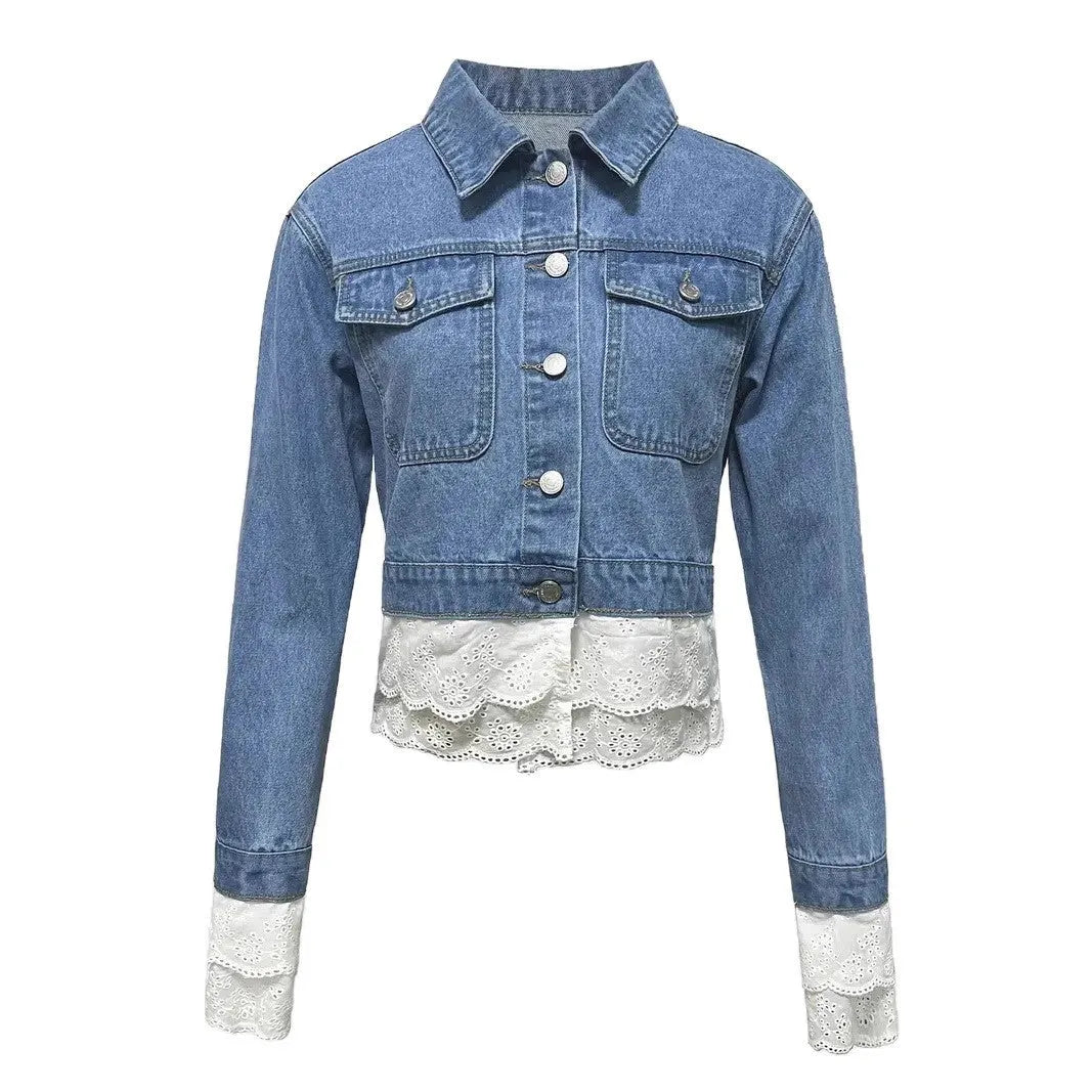 Blue denim jacket for women with decorative lace stitching detail on the front, long sleeves.