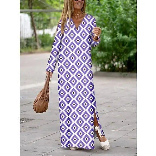 Women's geometric printed V-neck long dress with long sleeve slit, available in multiple colors and sizes.