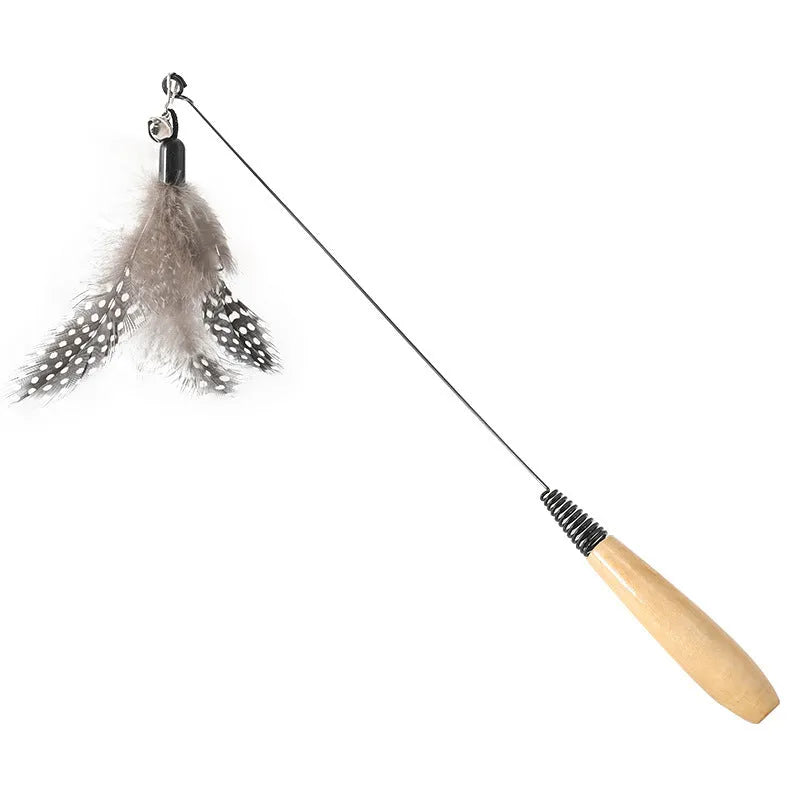Wooden handle cat teasing stick with spring and replaceable feather bell head toy