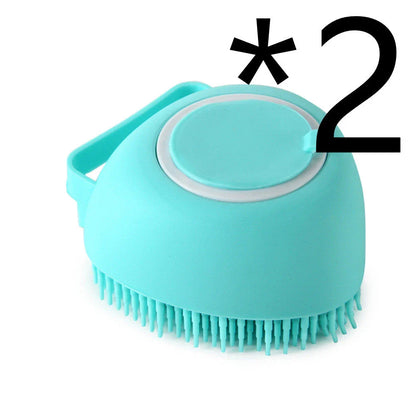 Silicone pet bath brush with shampoo dispenser, designed for gentle grooming and soothing massage