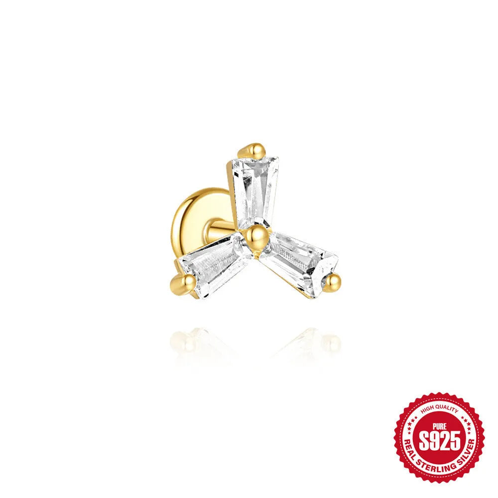 S925 sterling silver zircon stud earrings with a delicate 1.5cm gold-tone chain drop, shown in clover design.