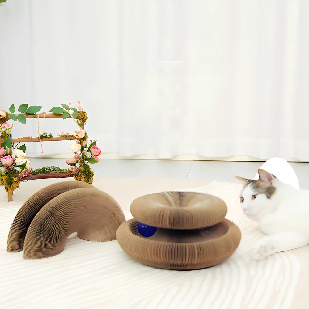 Foldable green cat patterned corrugated paper scratching board with dangling ball, wear-resistant design