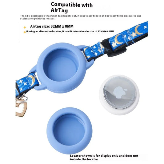Adjustable cat collar with AirTag protective case in colour-matched design showing sizing options