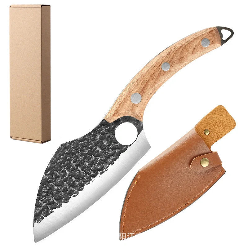 Rugged high-carbon steel outdoor folding knife with antique-inspired hammer pattern design and protective leather sheath