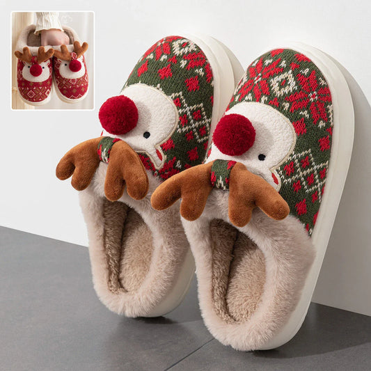 Cozy elk-inspired plush slippers in festive Christmas green and red colors, featuring a soft, comfortable upper and non-slip soles for indoor wear