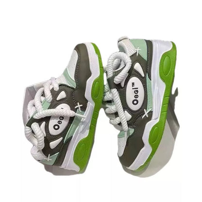 Women's round toe mid heel sneakers with muffin bottom in black and fluorescent green