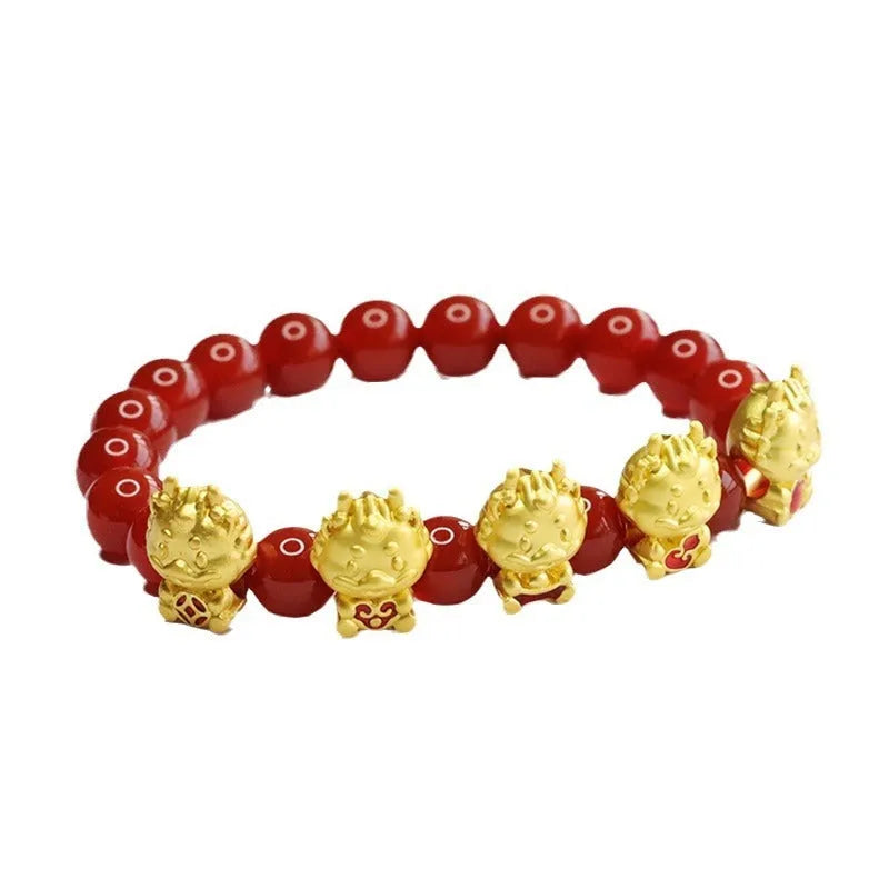 Red agate Five Blessing Dragon bracelet with 8mm beads in Chinese style