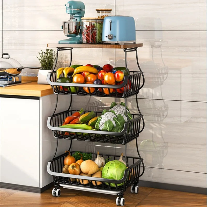 Black kitchen storage trolley with 6 shelves, carbon steel frame, and locking wheels on kitchen floor
