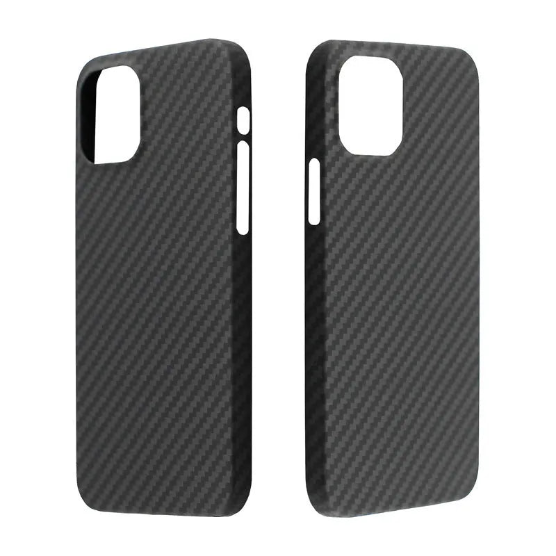 Dull black Kevlar fibre iPhone case with a stripe design on the back, shown on an iPhone model.