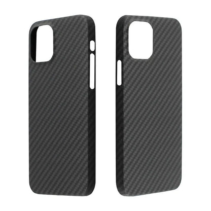 Dull black Kevlar fibre iPhone case with a stripe design on the back, shown on an iPhone model.
