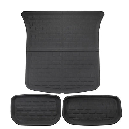 Tesla Model Y TPR floor mat set showing foot mats, storage box mats, and tailbox mats