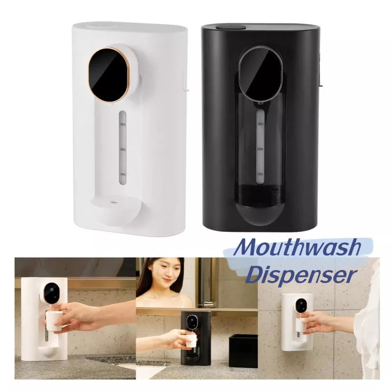 Automatic mouthwash dispenser with adjustable wall mount and LED display in milky white and black
