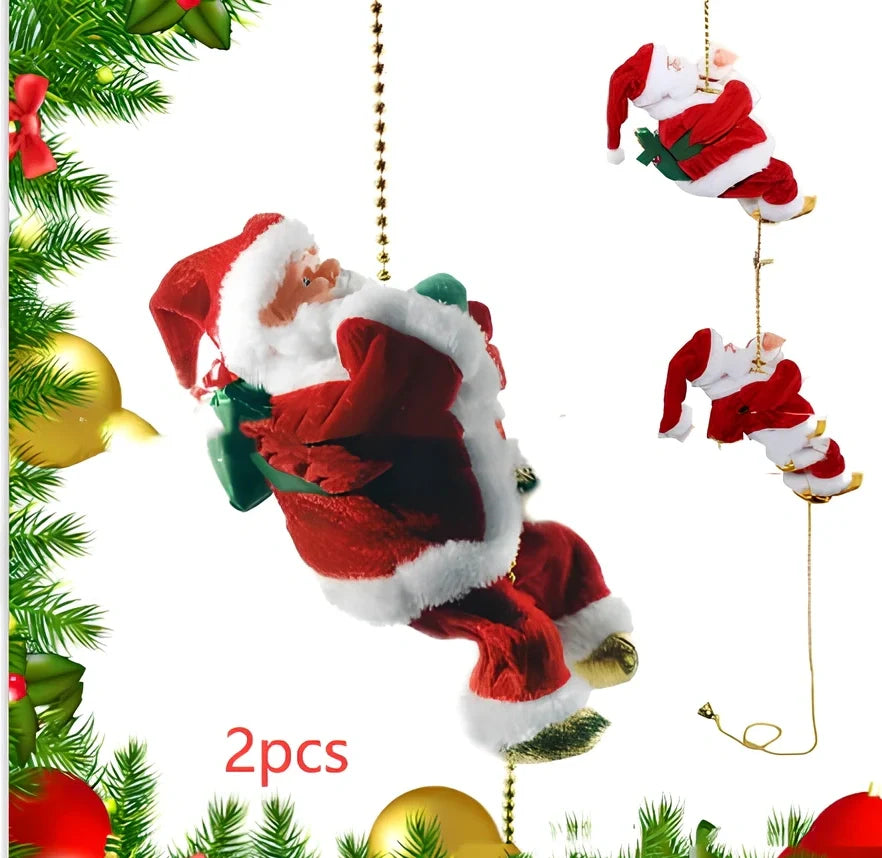 Electric plastic Santa Claus on 30cm climbing ladder with riding deer, in red suit, for Christmas decorations