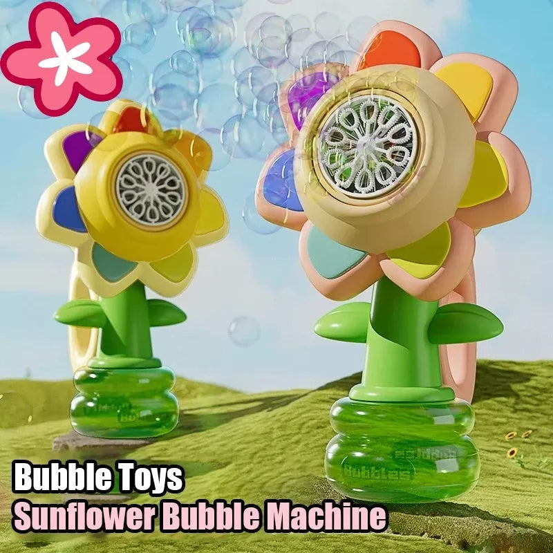 Dancing Sunflower Bubble Machine with light creating colorful bubbles outdoors