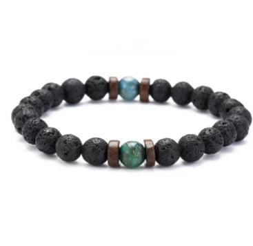 Stylish men's bracelet made with natural volcanic stone, flash stone, and wood chip in a geometric, mosaic-like design