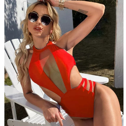 Solid color strapping one-piece beach bikini swimsuit for women in red and royal blue