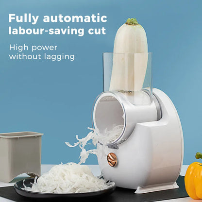 White electric vegetable slicer with rotary grater and suction base for kitchen use