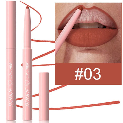 Velvet matte lip liner pencil in one of 12 colours with soft blunt tip for lip definition