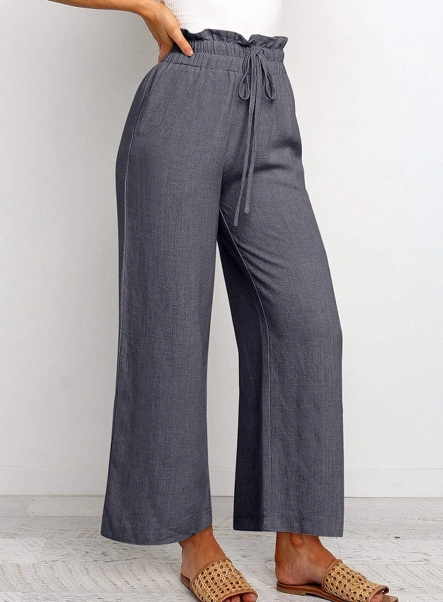 Elastic waistband lace-up wide leg cropped pants in solid colors, showcasing versatile style and comfort