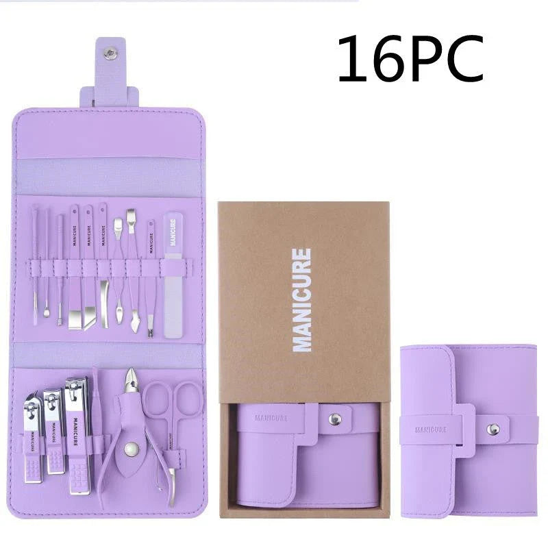 Premium 16-piece manicure set with sleek leather case, including nail clippers, scissors, tweezers, and other grooming tools