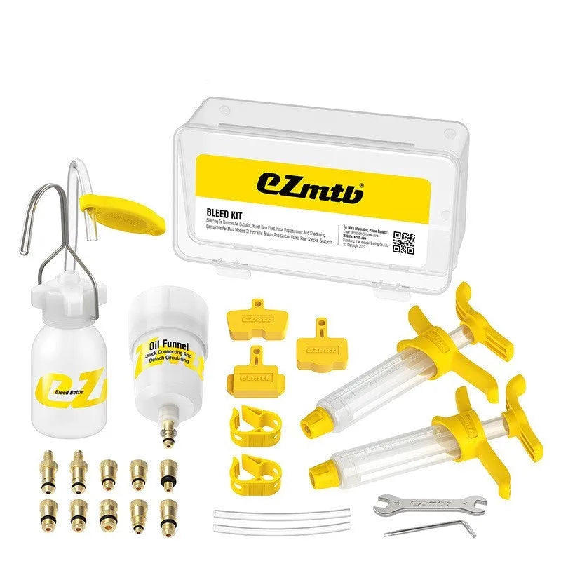 Bicycle brake bleed kit with metal fittings, syringes, and adapters for AVID, SHIMANO, MAGURA brands
