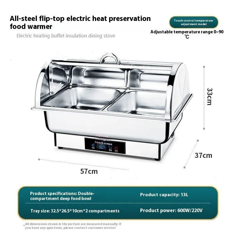 Stainless steel electric buffet stove with transparent visible interior and LCD temperature control screen