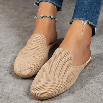 Mesh sandals in apricot with cloth upper and rubber sole, slip-on flat design for casual wear