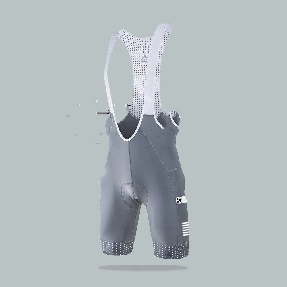 Men's black cycling suspender shorts for road biking with integrated straps and moisture-wicking fabric