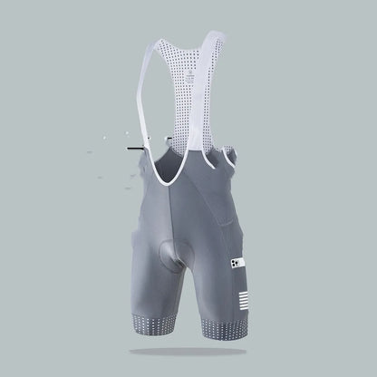 Men's black cycling suspender shorts for road biking with integrated straps and moisture-wicking fabric