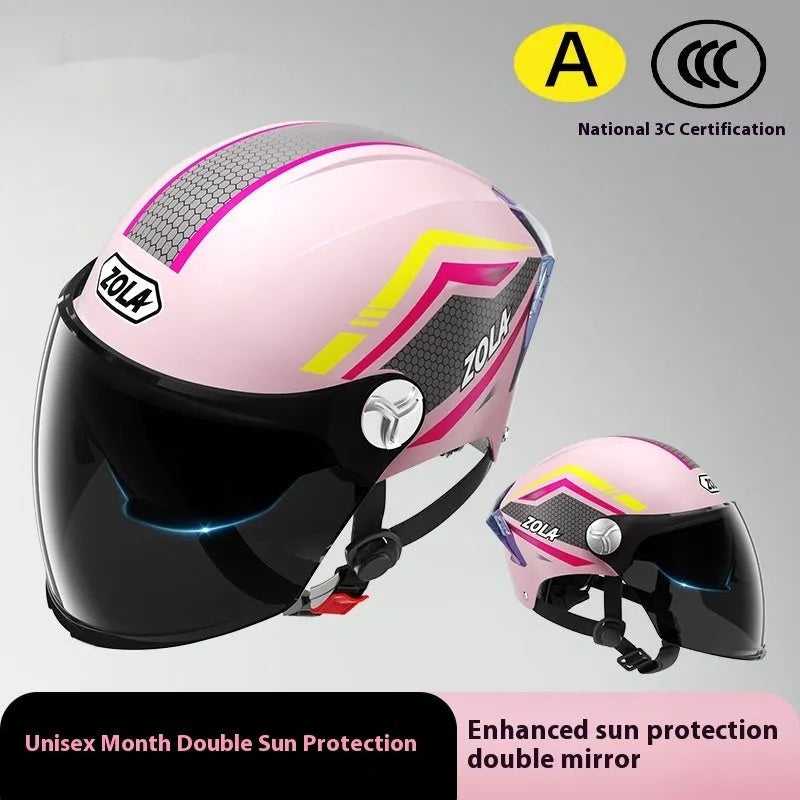 Men's and women's battery motorcycle half helmet with double mirror visor in light brown colour, 3C-certified ABS construction
