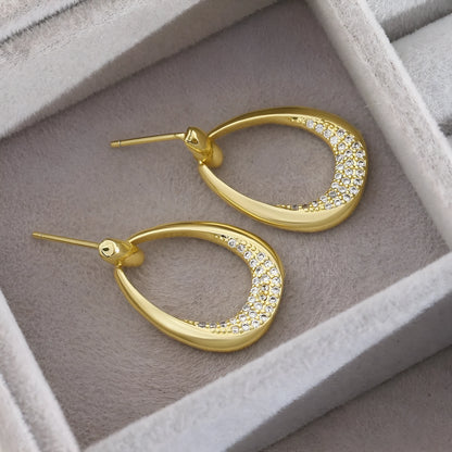 Women's yellow gold geometric drop earrings with zircon detailing measuring 2.6 by 1.7 centimetres