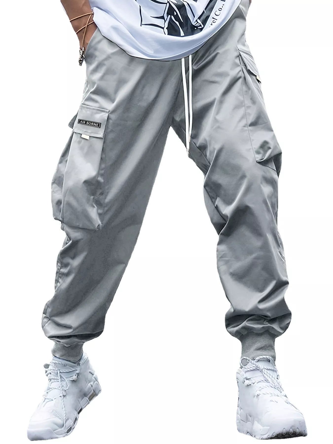 Men's oversized cargo pants in various colors with multiple pockets