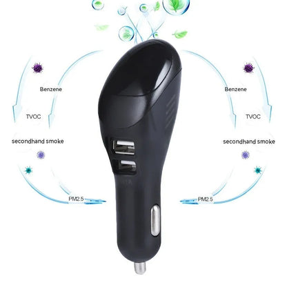 White car USB charger with integrated negative ion air purifier showing dimensions and vehicle power connection