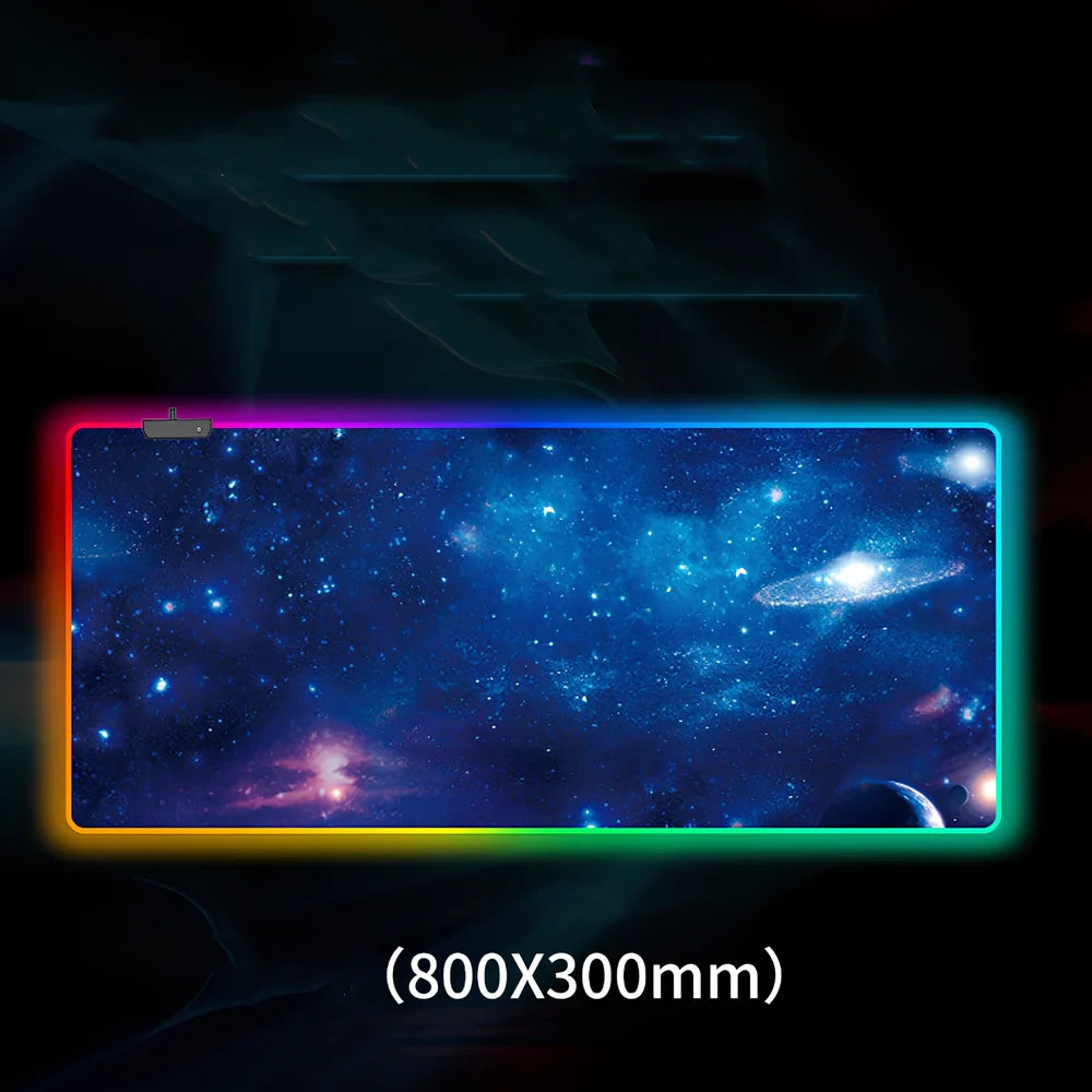 Oversized RGB luminous gaming mouse pad in 900x400mm size with starry sky lighting and 4.0mm rubber thickness