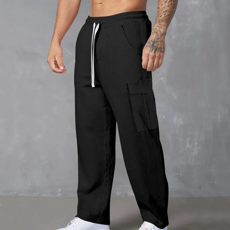 Men's straight-leg corduroy trousers with adjustable waist in navy blue colour