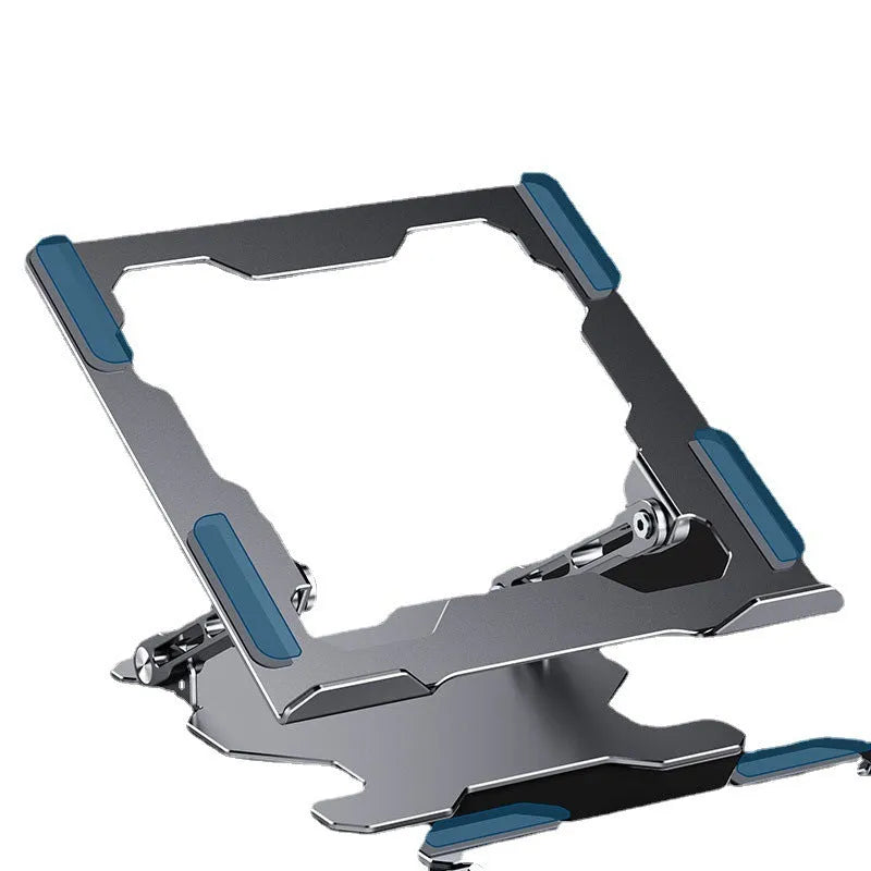 Grey aluminium alloy laptop stand with adjustable angle and folding legs for portable use