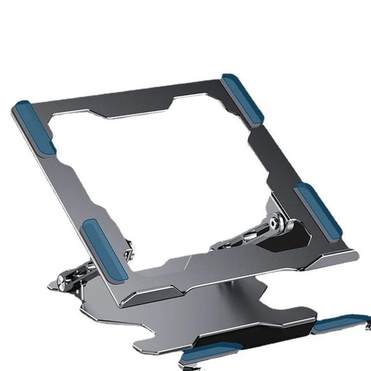 Grey aluminium alloy laptop stand with adjustable angle and folding legs for portable use