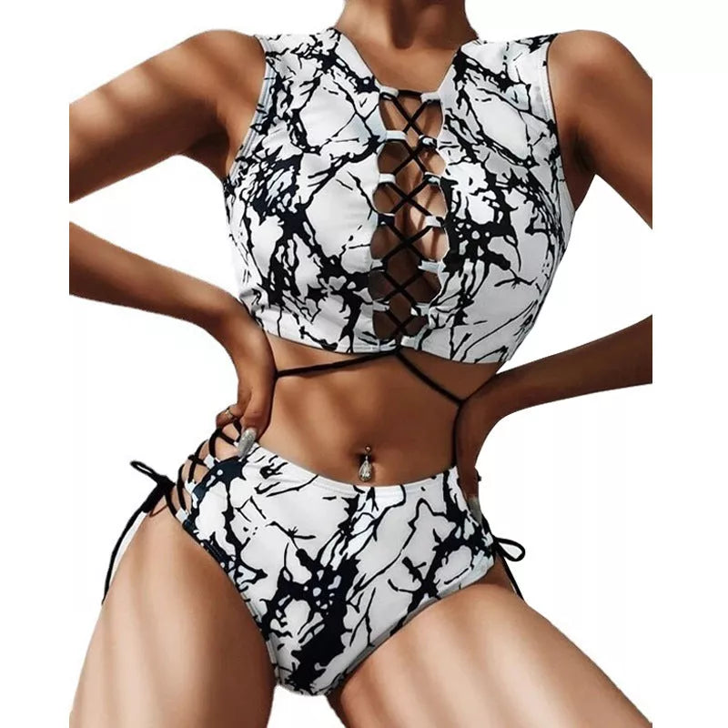 Ladies black and white tie-dye bikini swimwear set with top and pants