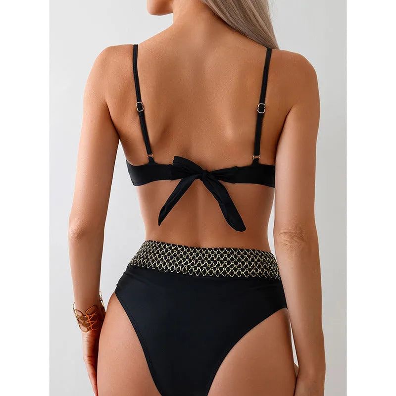 Black European and American style bikini swimsuit set on a mannequin