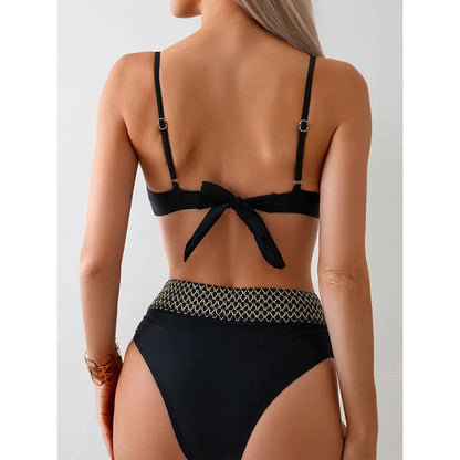 Black European and American style bikini swimsuit set on a mannequin
