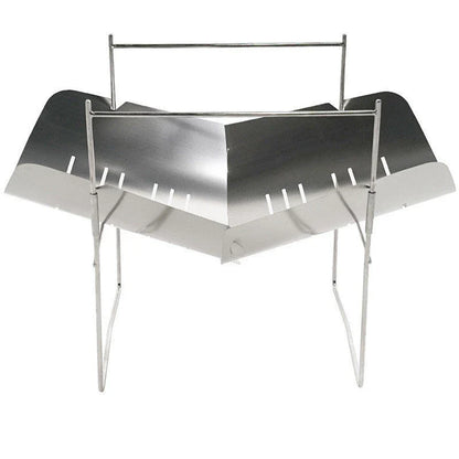 Portable folding outdoor camping stove with grill, made of titanium and stainless steel for durable and versatile outdoor cooking
